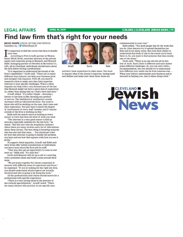Cleveland Jewish News article “Find Law Firm That’s Right for Your Needs”